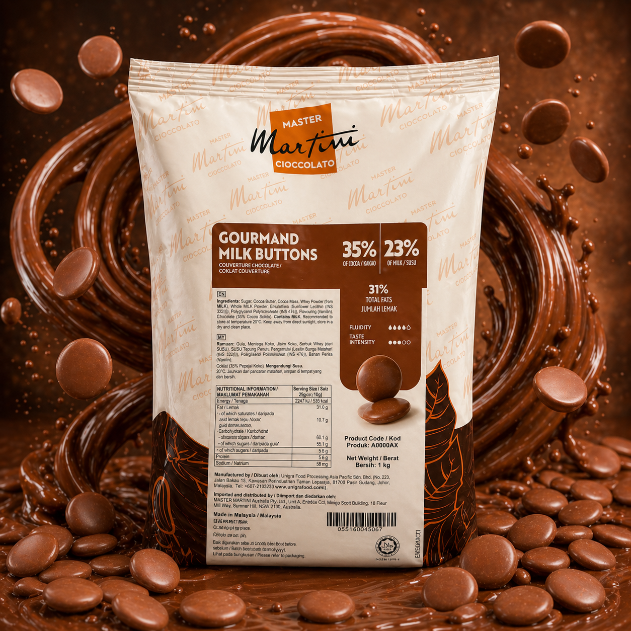 Master Martini 35% Couverture Milk Chocolate Melts - 1kg