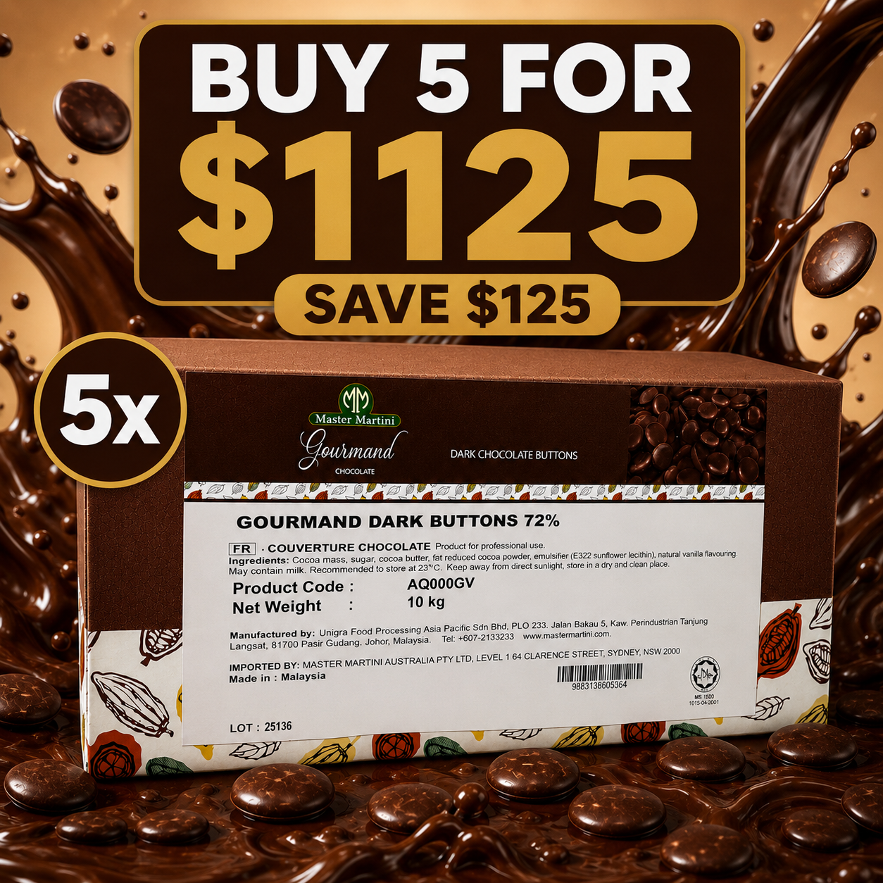Master Martini 72% Couverture Dark Chocolate Buttons - 10kg (BULK BUNDLE OF x5)