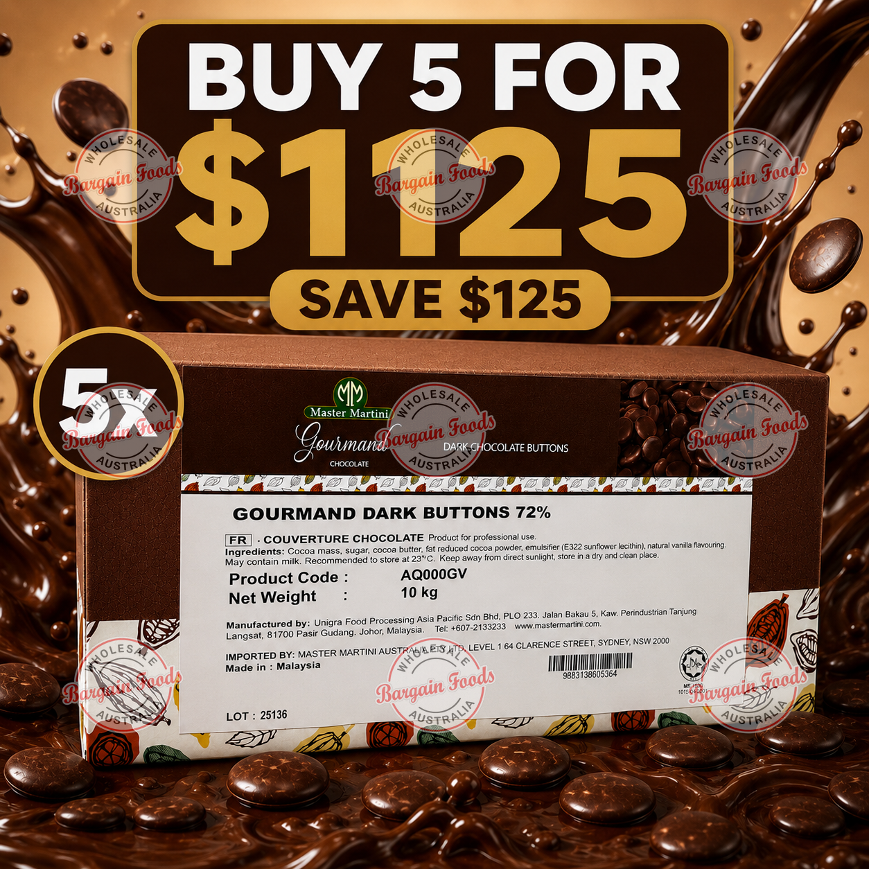 Master Martini 72% Couverture Dark Chocolate Buttons - 10kg (BULK BUNDLE OF x5)
