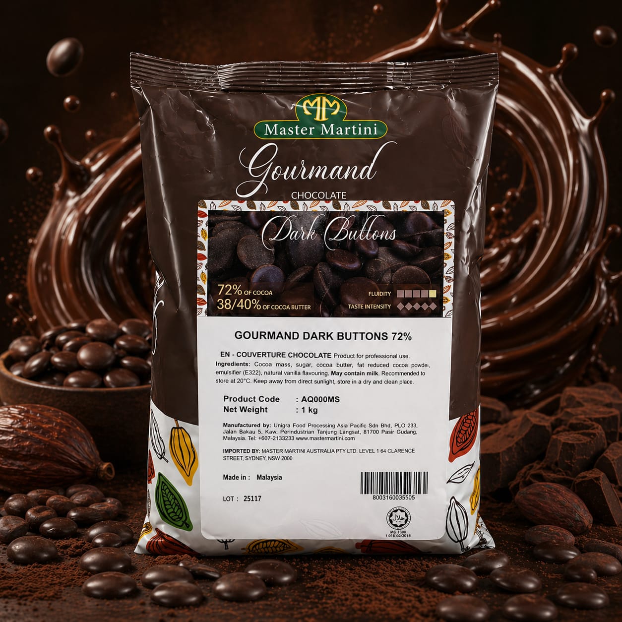 Master Martini 72% Couverture Dark Chocolate Melts - 1kg