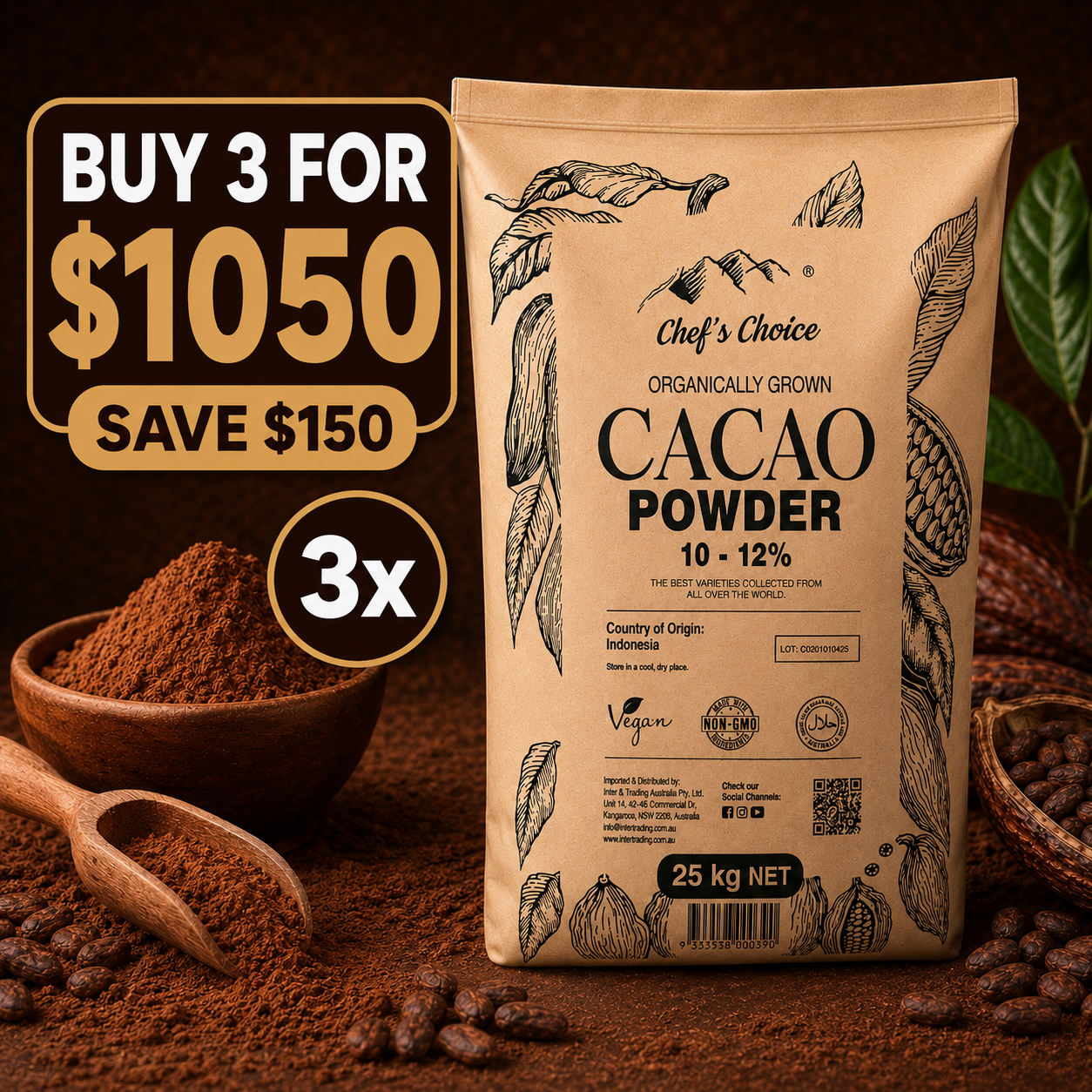 Chefs Choice Organically Grown 10-12% Cacao Powder - 25kg (BULK BUNDLE OF x3)