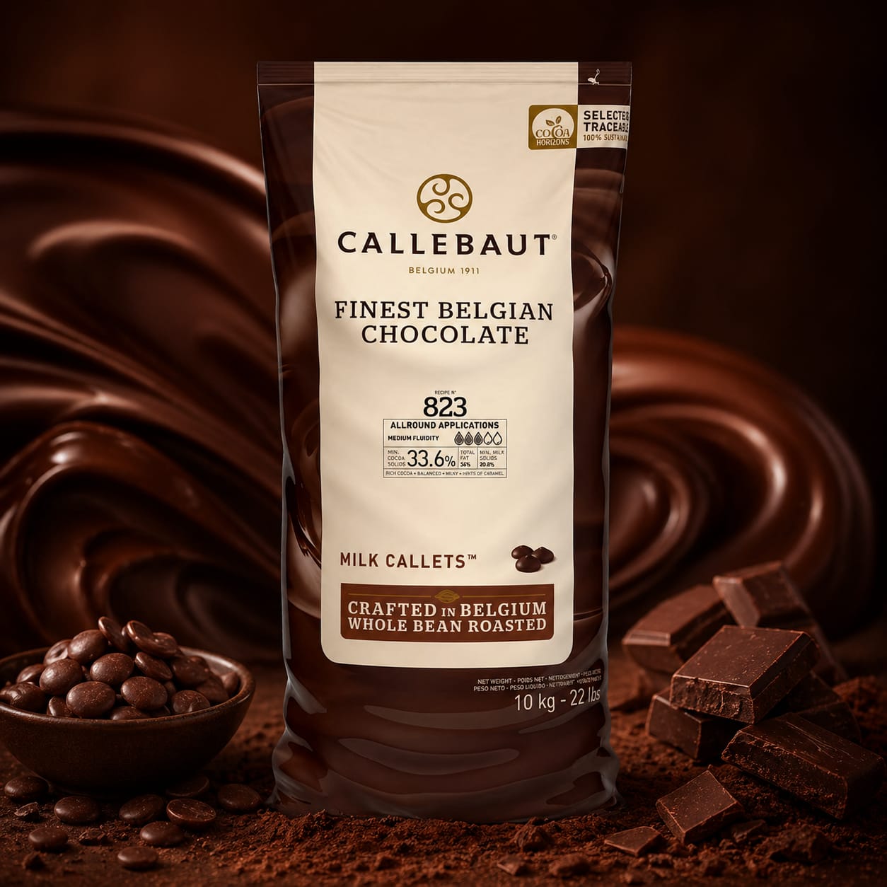 Callebaut 823 33.6% Couverture Milk Chocolate Melts - 10kg
