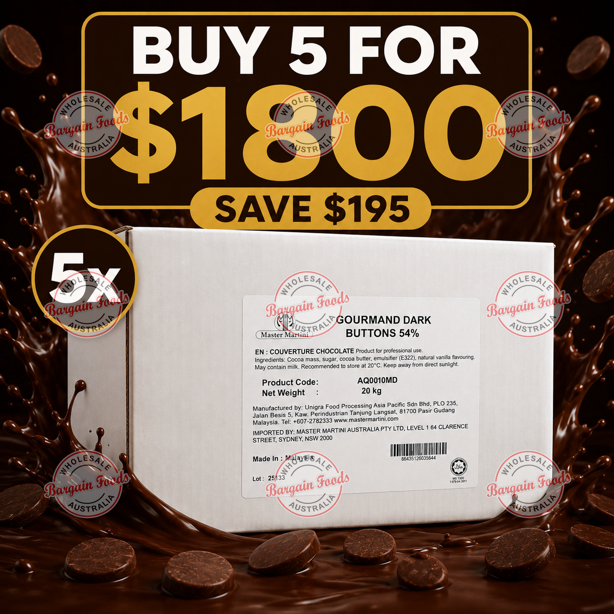 Master Martini 54% Couverture Dark Chocolate Buttons - 20kg (BUNDLE OF x5)